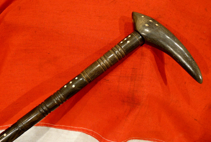 A Stunning Antique, 19th Century, Colonial Walking Stick of Carved and Turned Horn, Inlaid With Circular Pattern Design