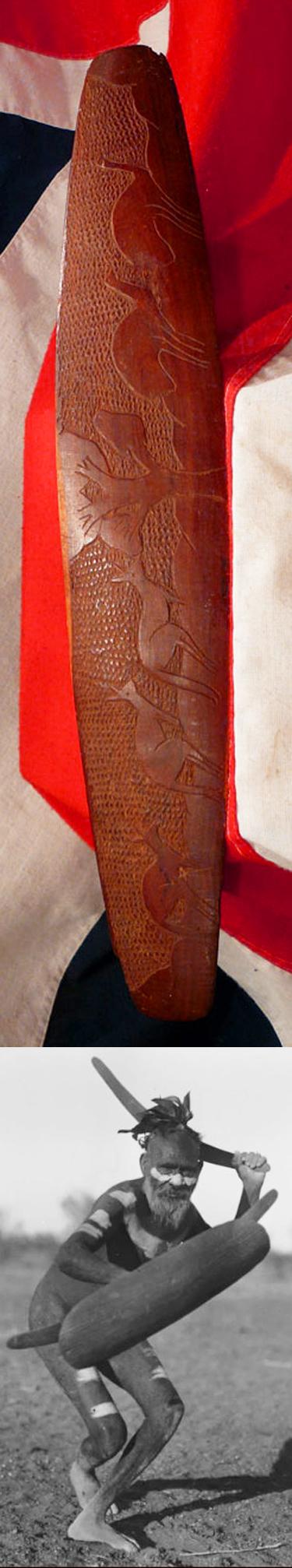 A Vintage Carved Aboriginal Culture Wunda Parrying Shield With a Chip Carving Design of Kangaroo and Emu.