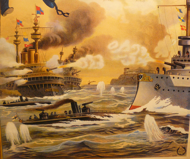 A Fabulous, Huge, & Very Rare Original 1909 Poster For Schichtl's Marine-Theater. Depicting Germany’s Military Might In The Air, and Sea. Produced by the Showman Known at the Time as Germany’s P,T. Barnum The Greatest Showman on Earth