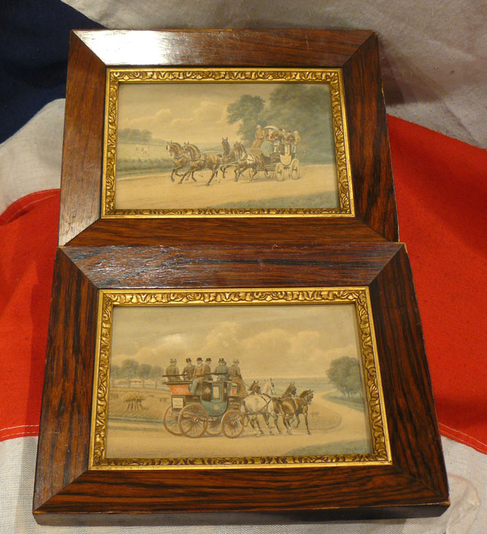 What a Superb Antique Christmas Gift Idea. A Pair of Simply Delightful Original Victorian Royal Mail Coaching Prints in Fine Rosewood Veneer Frames