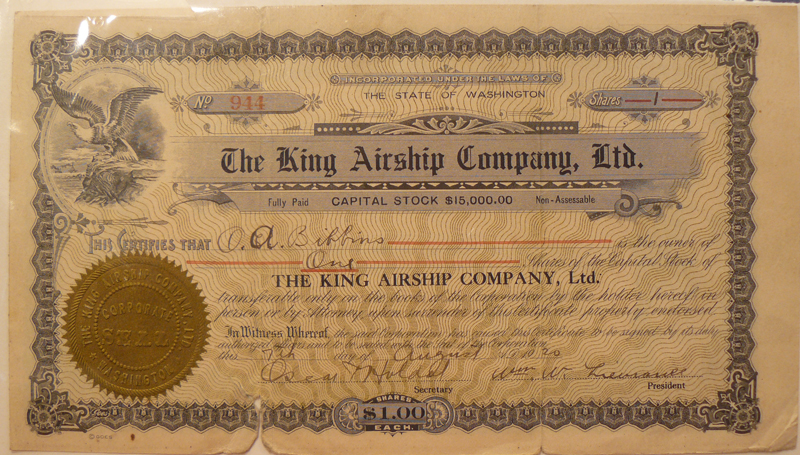 A Rare King Airship Co. of Washington, USA, an Original & Historic, One Share Stock Certificate, Signed and Dated 7th August 1920