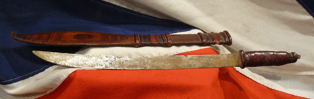 19th Century, Antique, Mandingo Mandinka Chief's Slave and Gold Trader's Sword With Tattooed-Leather Covered Wooden Scabbard