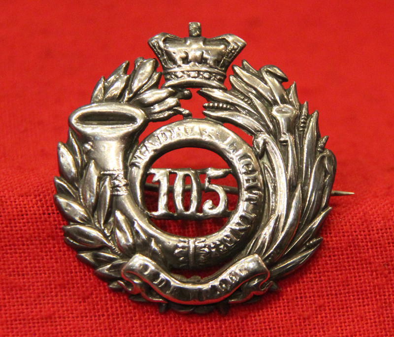 A Most Rare Victorian, Anglo Indian, British Raj, Silver 105th (Madras Light Infantry) Officer Glengarry Badge