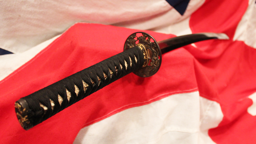 A Superlative and Beautiful Koto Katana Circa 1500, A Museum Quality Ancient Sword, Sengoku Era, with Stunning Original, Edo Period, Soten School Mounts of Shakudo & Gold, “Koushi Seiyu Zu” Tsuba