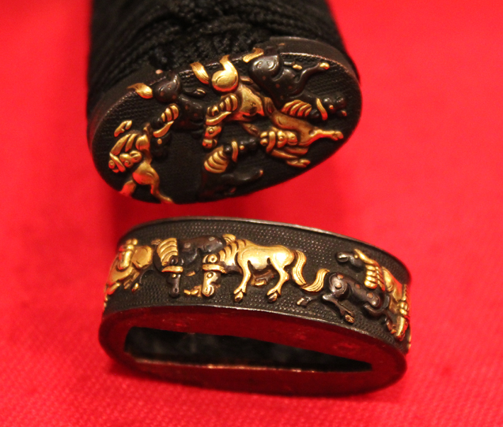 A Superlative and Beautiful Koto Katana Circa 1500, A Museum Quality Ancient Sword, Sengoku Era, with Stunning Original, Edo Period, Soten School Mounts of Shakudo & Gold, “Koushi Seiyu Zu” Tsuba