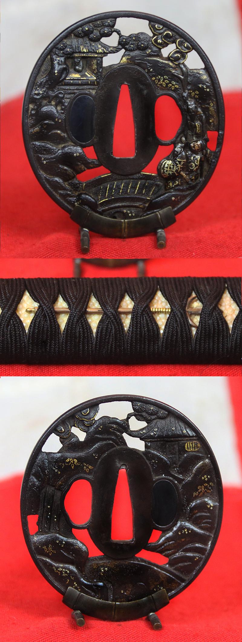 A Superlative and Beautiful Koto Katana Circa 1500, A Museum Quality Ancient Sword, Sengoku Era, with Stunning Original, Edo Period, Soten School Mounts of Shakudo & Gold, “Koushi Seiyu Zu” Tsuba