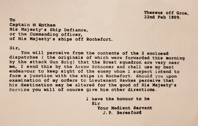 A Despatch From Commodore James Poo Beresford HMS Theseus 2 Feb 1809