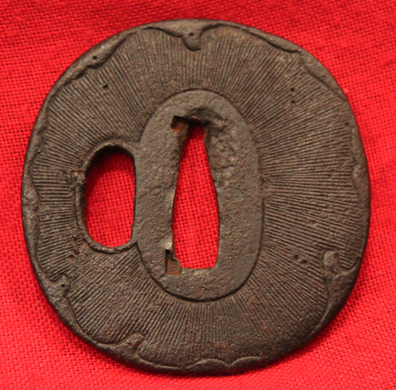 Iron Round Chisa Katana or Wakazashi Tsuba With Amidayasuri and Wave Rim