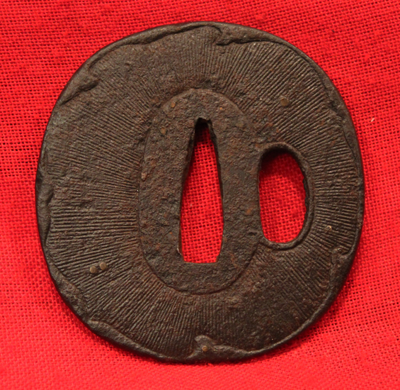 Iron Round Chisa Katana or Wakazashi Tsuba With Amidayasuri and Wave Rim