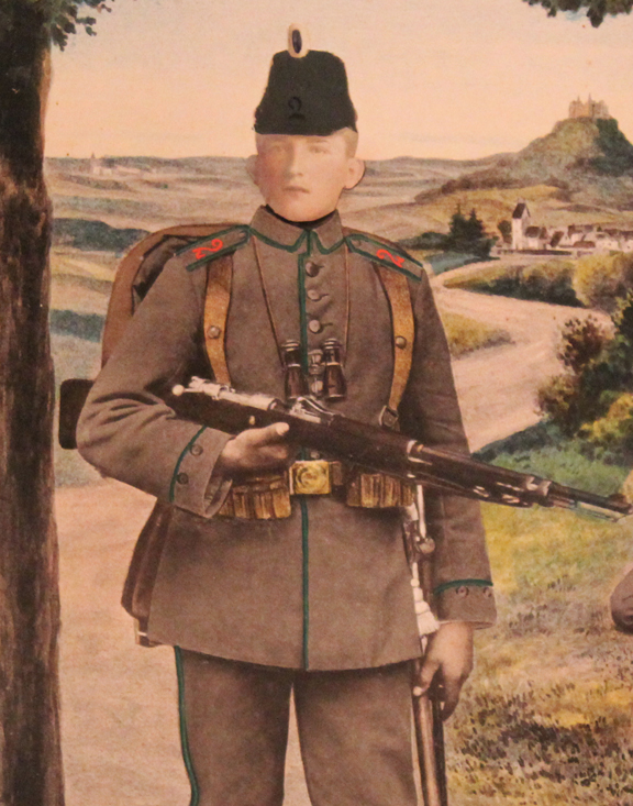 An Intriguing Zeppelin Warfare Interest Original Bespoke Portrait Photo and Coloured Print of an Imperial German Rifleman in WW1 From The Photographic Wolf Studio of Ulm