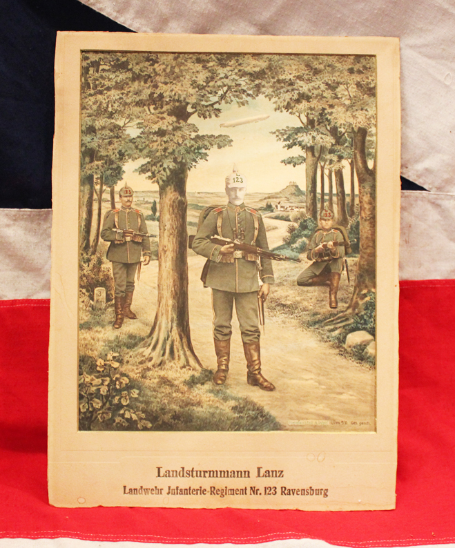 An Original Imperial German WW1 Zeppelin Warfare Interest, Bespoke. And Coloured Print of a German Infantryman, Landsturmann Lantz. From the Wolf Photographic Studio of Ulm.