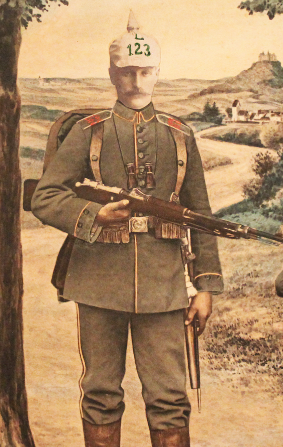 An Original Imperial German WW1 Zeppelin Warfare Interest, Bespoke. And Coloured Print of a German Infantryman, Landsturmann Lantz. From the Wolf Photographic Studio of Ulm.