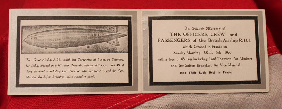 An R.101 Airship Catastrophe Crash Memorial Service Card