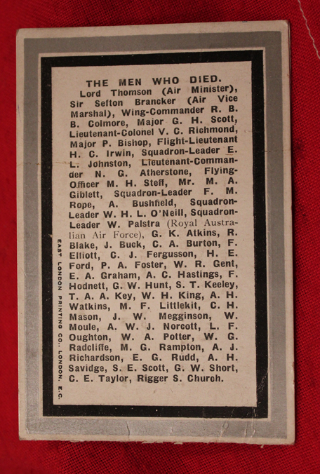 An R.101 Airship Catastrophe Crash Memorial Service Card