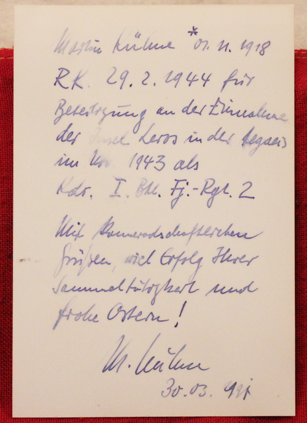 Autograph Photo Martin Kuehne Commander of the I./Fallschirmjager-Regiment