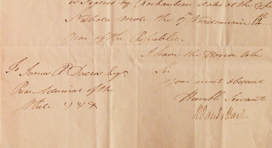 A Letter Sent From Port Royal from Capt Vansittart, the Capture of a French Privateer. Dated April 5th 1804 from Capt. Henry Vansittart (1777-1843) of HMS Fortunee to Admiral James R. Dacres Admiral of the White