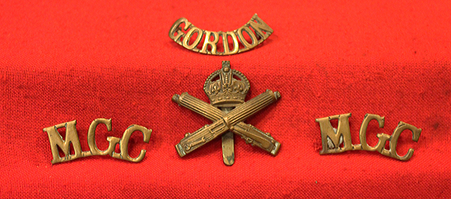 Part of a Superb WW1 Machine Gunner's Collection, British and German. A Fabulous Original WW1 Gordon Highlander Machine Gun Corps Medals, Badges, Sporran, Glengarry & Gaiters of Gordon Highlander