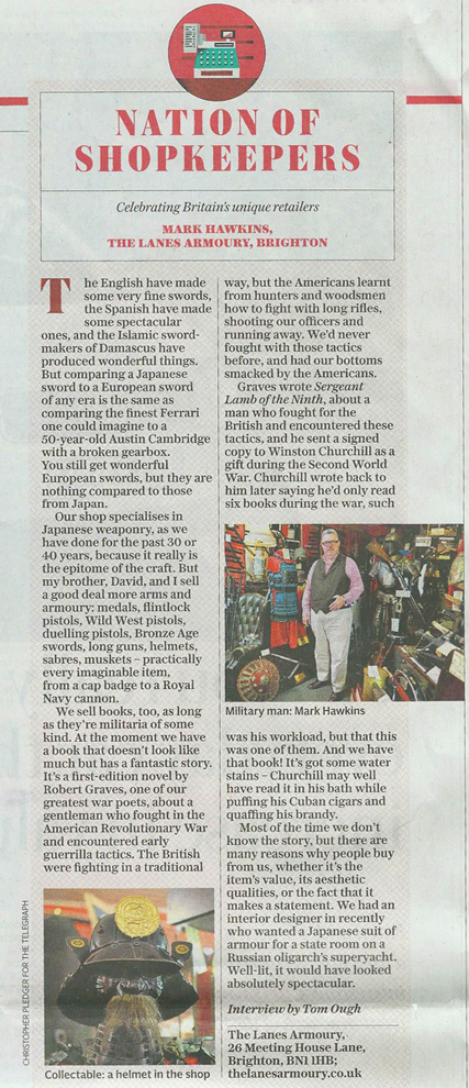 A Feature on The Lanes Armoury in the London Daily Telegraph