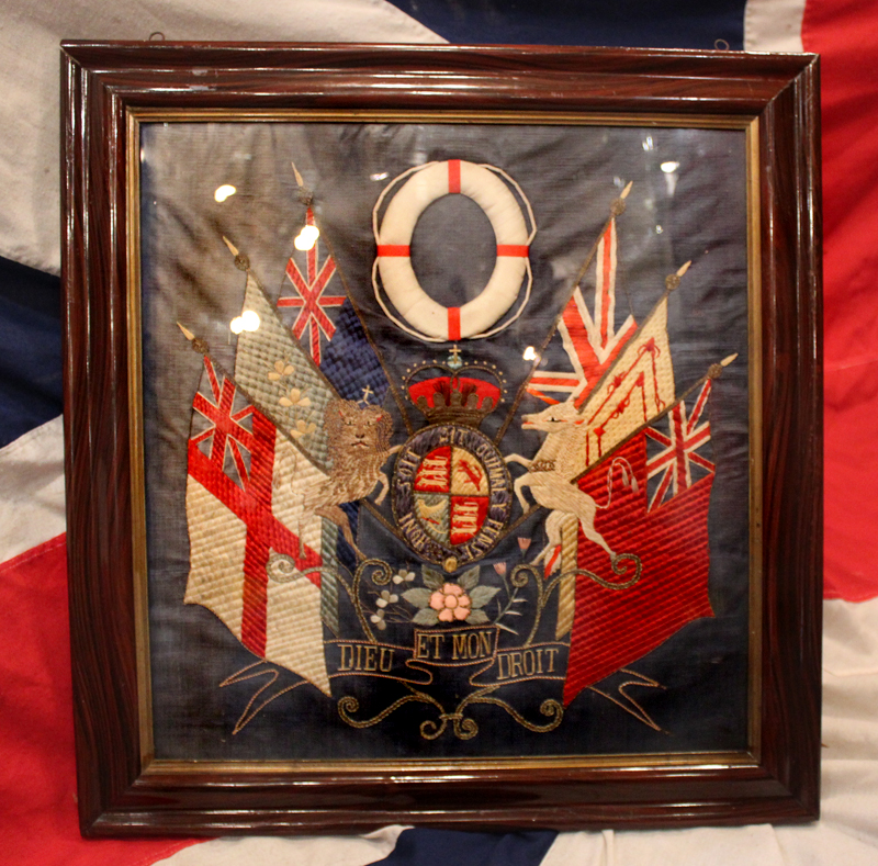 A Singularly Beautiful & Rare Victorian Folk Art Silk 'Royal' Maritime Embroidery Woolwork, A ‘Jack Tar’ Sailor’s Woolwork or ‘Woolie’. The White Ensign, Red Ensign, Blue Ensign, Union Flag, Scottish Standard, Shamrock Flag