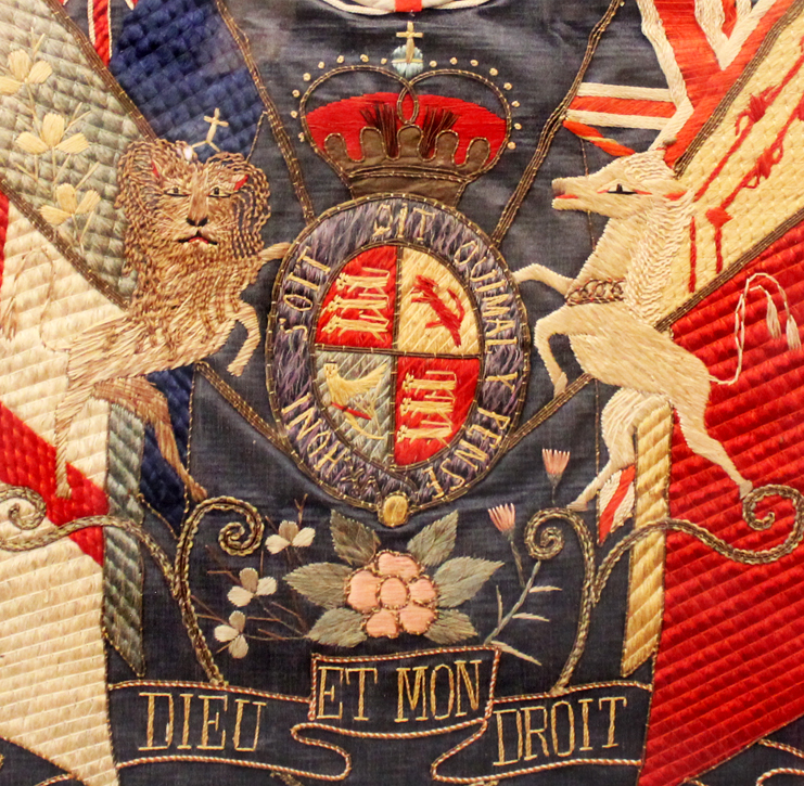 A Singularly Beautiful & Rare Victorian Folk Art Silk 'Royal' Maritime Embroidery Woolwork, A ‘Jack Tar’ Sailor’s Woolwork or ‘Woolie’. The White Ensign, Red Ensign, Blue Ensign, Union Flag, Scottish Standard, Shamrock Flag
