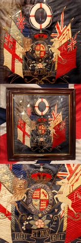 A Singularly Beautiful & Rare Victorian Folk Art Silk 'Royal' Maritime Embroidery Woolwork, A ‘Jack Tar’ Sailor’s Woolwork or ‘Woolie’. The White Ensign, Red Ensign, Blue Ensign, Union Flag, Scottish Standard, Shamrock Flag