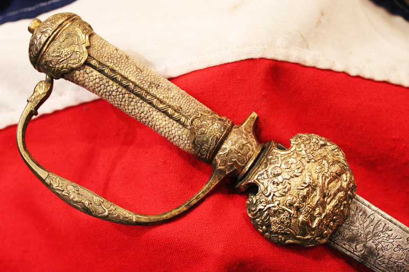 A Wondrous Quality 18th Century Gilt Bronze Hilted Royal Naval Officers Sword of Hunting Hanger Form