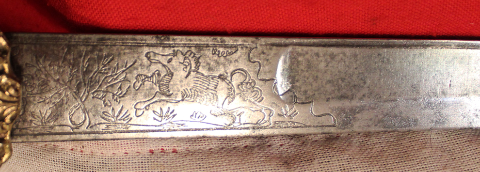 A Wondrous Quality 18th Century Gilt Bronze Hilted Royal Naval Officers Sword of Hunting Hanger Form