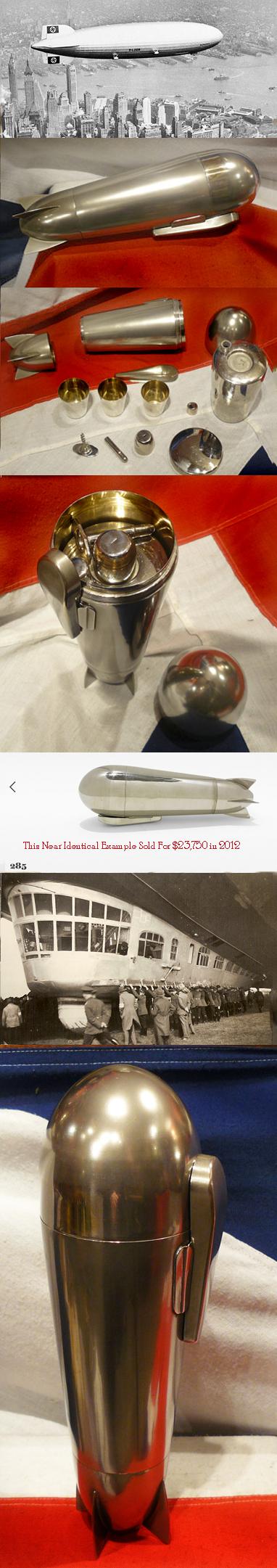 A Spectacular & Most Rare 1928, Original 'Zeppelin' Issue Airship Cocktail Shaker & Travelling Bar. An Amazing Example of Art Decor Functional Object D'art. The Last Example of This Wonderful & Rare Aeronautica That We Found, Sold For $23,000