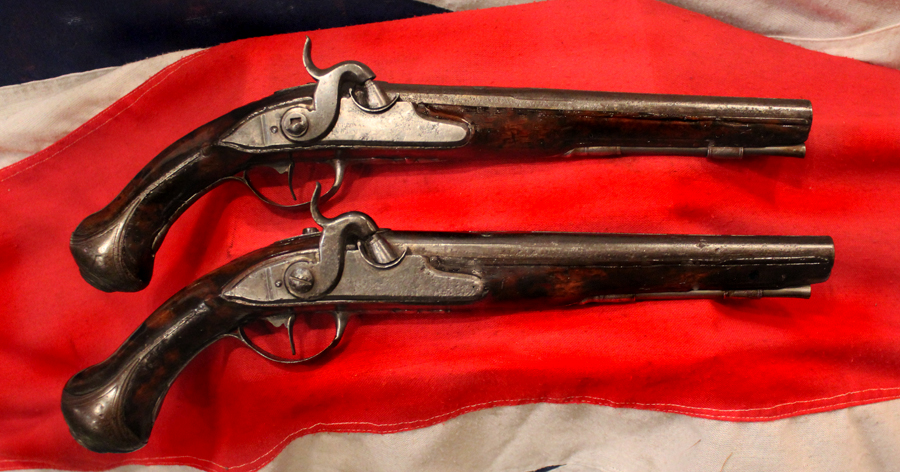 A Wonderful & Historical Pair of Mid 18th Century 'Royal' French Long Holster Pistols, Marked 'Cour Royal', 1754 American Anglo-French-Indian War & Revolutionary War of 1776 Period Flintlocks, Circa 1750. Made For An Officer Of the French Royal Court