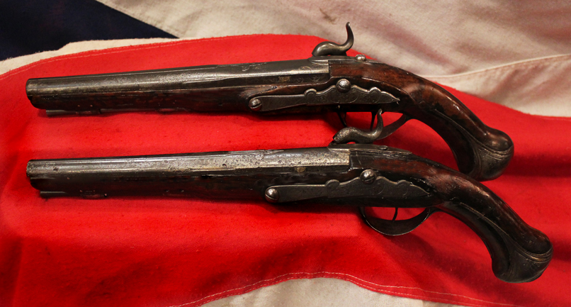 A Wonderful & Historical Pair of Mid 18th Century 'Royal' French Long Holster Pistols, Marked 'Cour Royal', 1754 American Anglo-French-Indian War & Revolutionary War of 1776 Period Flintlocks, Circa 1750. Made For An Officer Of the French Royal Court