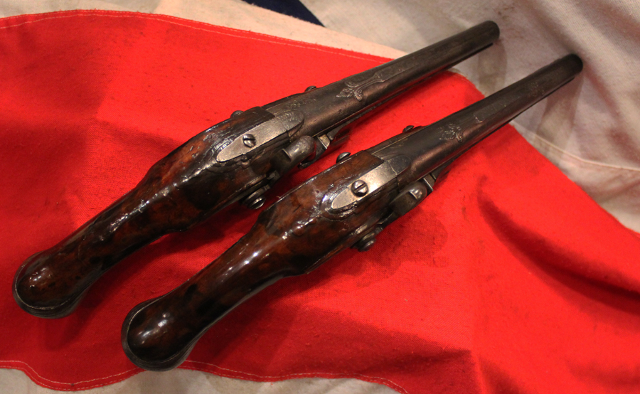 A Wonderful & Historical Pair of Mid 18th Century 'Royal' French Long Holster Pistols, Marked 'Cour Royal', 1754 American Anglo-French-Indian War & Revolutionary War of 1776 Period Flintlocks, Circa 1750. Made For An Officer Of the French Royal Court