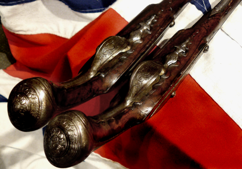 A Wonderful & Historical Pair of Mid 18th Century 'Royal' French Long Holster Pistols, Marked 'Cour Royal', 1754 American Anglo-French-Indian War & Revolutionary War of 1776 Period Flintlocks, Circa 1750. Made For An Officer Of the French Royal Court