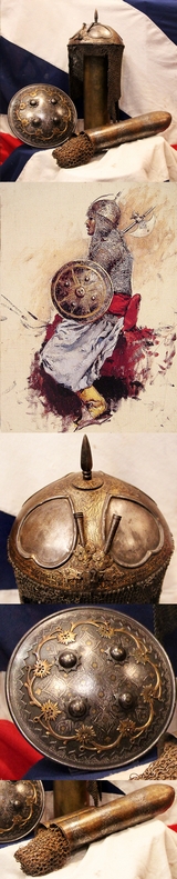 A Gold Inlaid Traditional Persian Armour Suite, of Helmet, Shield & Arm Defence. The Kulah Khud,(کلاهخود) Sipar (سپر), and Bazu Band (بازوبند). Late 18th to Early 19th Century, Possibly Wootz Steel { Pulad}