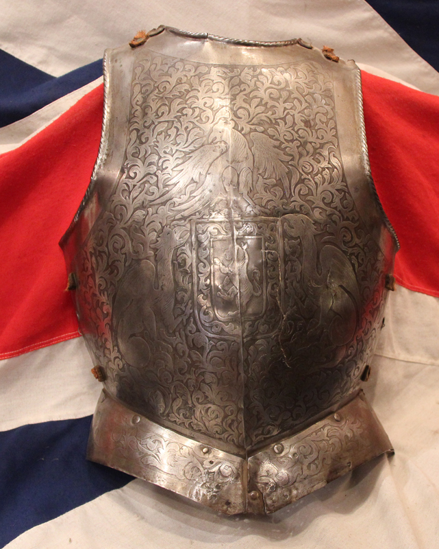 A Superb Antique Historismus Armour Breastplate Stunningly Etched With Heraldic Beasts, The Form of Armour Worn by Conquistadors Officers and Commanders.