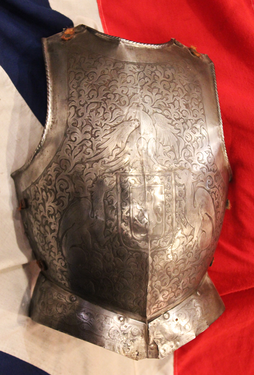 A Superb Antique Historismus Armour Breastplate Stunningly Etched With Heraldic Beasts, The Form of Armour Worn by Conquistadors Officers and Commanders.