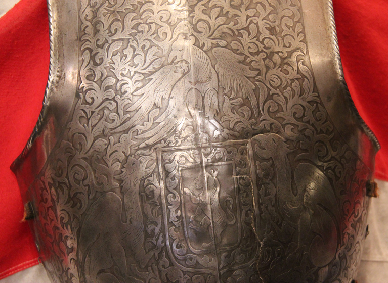 A Superb Antique Historismus Armour Breastplate Stunningly Etched With Heraldic Beasts, The Form of Armour Worn by Conquistadors Officers and Commanders.