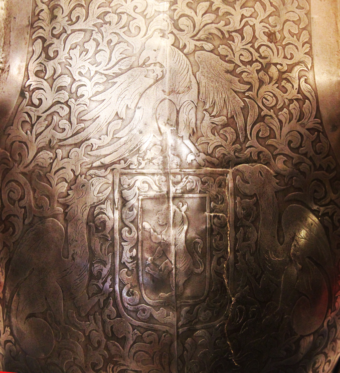 A Superb Antique Historismus Armour Breastplate Stunningly Etched With Heraldic Beasts, The Form of Armour Worn by Conquistadors Officers and Commanders.