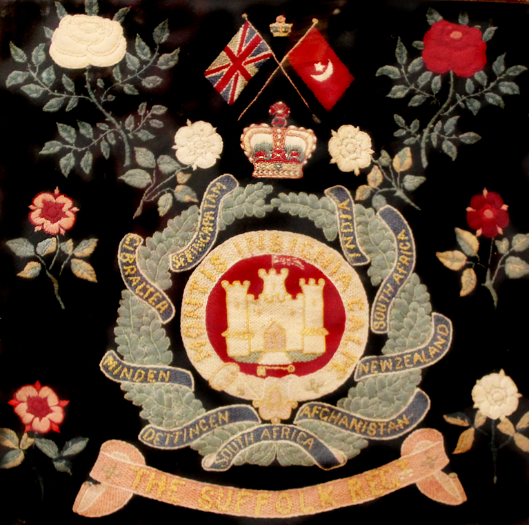 A Fabulous Original Victorian Woolwork Regimental Crest of the Suffolk Regt