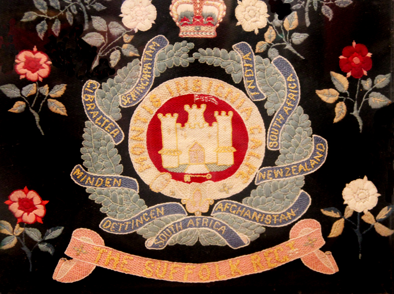 A Fabulous Original Victorian Woolwork Regimental Crest of the Suffolk Regt