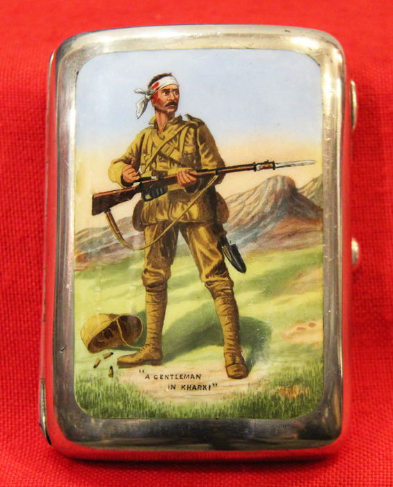 Fabulous Solid Silver & Enamel, Cigarette Case of Rudyard Kipling’s, Richard Caton Woodville’s and Sir Arthur Sullivan’s Boer War Soldier’s Relief Fund. ‘The Absent Minded Beggar, A Gentleman in Kharki. By Victorian Silversmiths Saunders & Shepherd