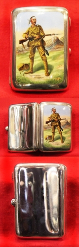 Fabulous Solid Silver & Enamel, Cigarette Case of Rudyard Kipling’s, Richard Caton Woodville’s and Sir Arthur Sullivan’s Boer War Soldier’s Relief Fund. ‘The Absent Minded Beggar, A Gentleman in Kharki. By Victorian Silversmiths Saunders & Shepherd