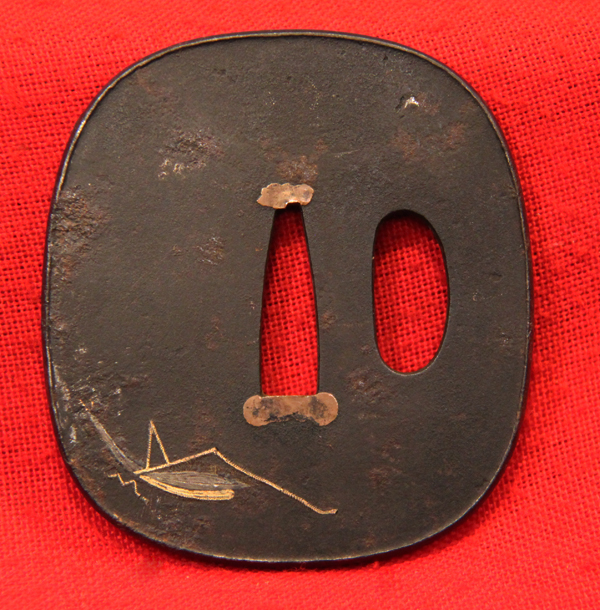 A Fine Edo Tsuba Kaga Kyoto Praying Mantis, Cricket Butterfly in Gold Inlay