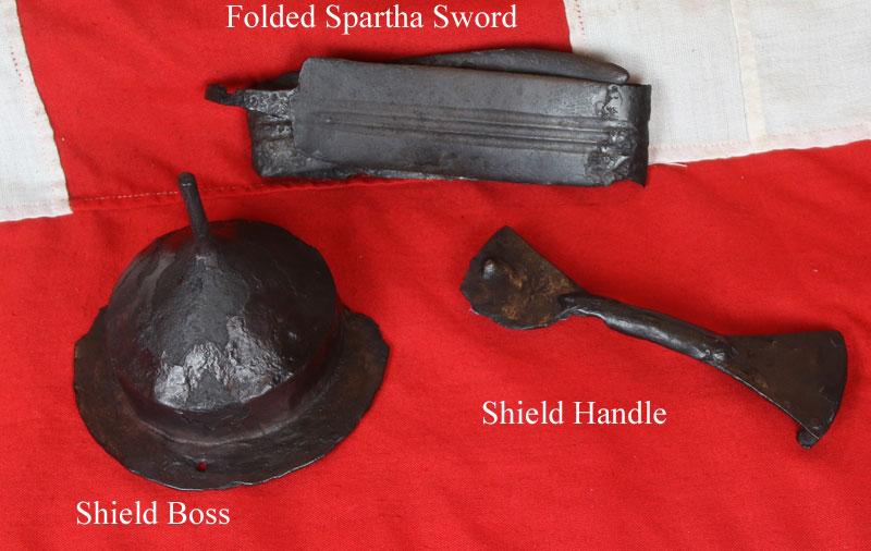 A Superb & Very Rare Original Grouping, 5th to 7th Century Roman & Goth Period 'Ceremonially Folded' Sword, From a Pagan Ritual, A Warrior or Legionary's Spartha Sword, and War Shield Mounts