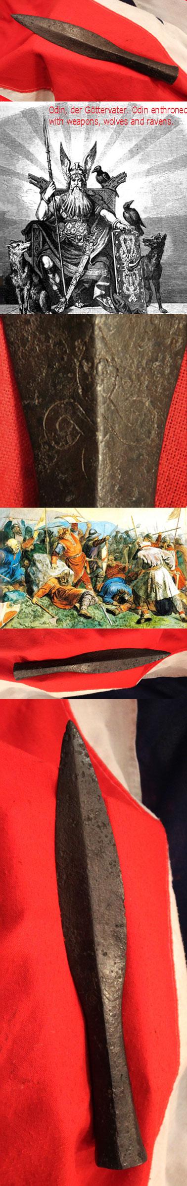 An Incredible 1100 Year Old, Viking, Great Hewing Spear, a Hggspjt, A Viking Museum Piece. With Extremely Rare Norse 'Knotwork' Runic Engraving Still Present. A Powerful Spear of Incredible Heft