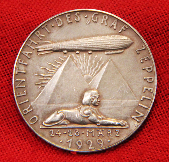 Original. Most Rare, A1929 Zeppelin Orientfahrt Over Egypt. The Zeppelin's Oriental Flight Over The Pyramids & Sphinx'. An Awarded Table Medal In Solid, Fine Silver. Len Deighton, World Renown Thriller & Spy Novelist Wrote a Book on The Very Flight