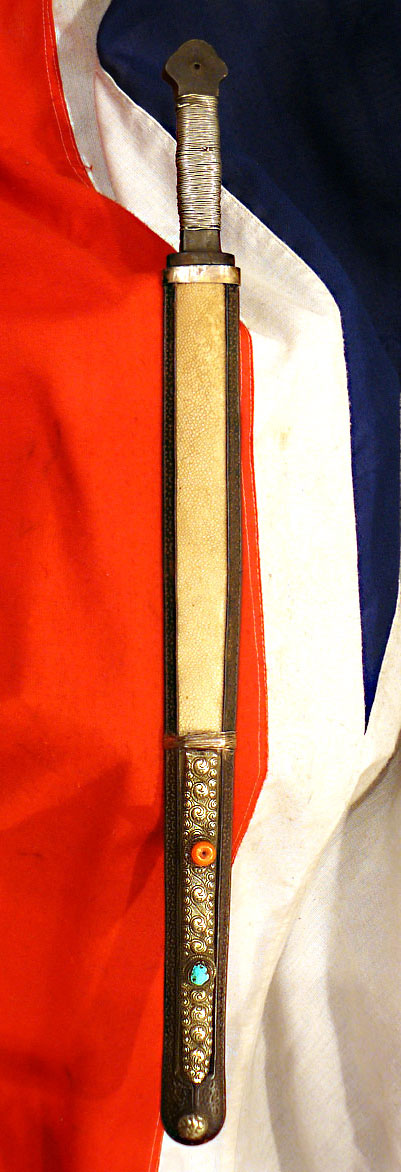 Beautiful 17th to 18th Century Chinese Qing Dynasty Period Sword Of The Era Of Emperor Kangxi, With a Silver Wire Bound Hilt, and a Silver, Giant Rayskin, Coral & Turquoise Gem Set Panelled Scabbard, Typical of Eastern Tibet