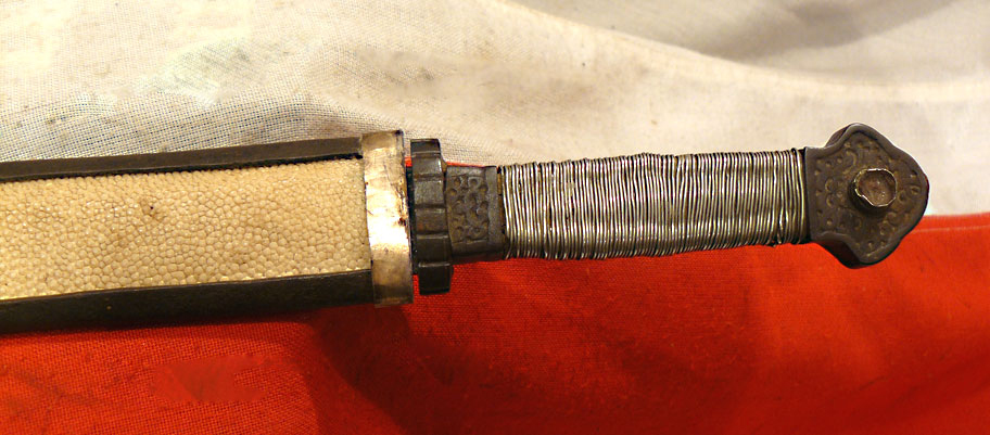 Beautiful 17th to 18th Century Chinese Qing Dynasty Period Sword Of The Era Of Emperor Kangxi, With a Silver Wire Bound Hilt, and a Silver, Giant Rayskin, Coral & Turquoise Gem Set Panelled Scabbard, Typical of Eastern Tibet