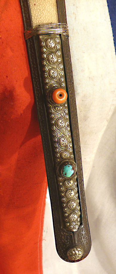 Beautiful 17th to 18th Century Chinese Qing Dynasty Period Sword Of The Era Of Emperor Kangxi, With a Silver Wire Bound Hilt, and a Silver, Giant Rayskin, Coral & Turquoise Gem Set Panelled Scabbard, Typical of Eastern Tibet