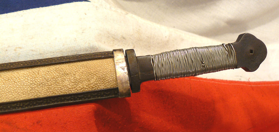 Beautiful 17th to 18th Century Chinese Qing Dynasty Period Sword Of The Era Of Emperor Kangxi, With a Silver Wire Bound Hilt, and a Silver, Giant Rayskin, Coral & Turquoise Gem Set Panelled Scabbard, Typical of Eastern Tibet