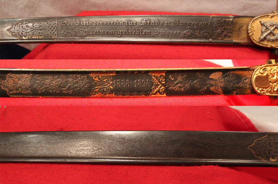 An Original, Incredibly Rare 'Damascus' Presentation Sword, Presented to the German Fuhrer of 1898, An Imperial German, Damascus Steel, Blue & Gilt, Presentation Fuhrer's Sword. Set With Genuine Rubies and Silver Crossed Cannon